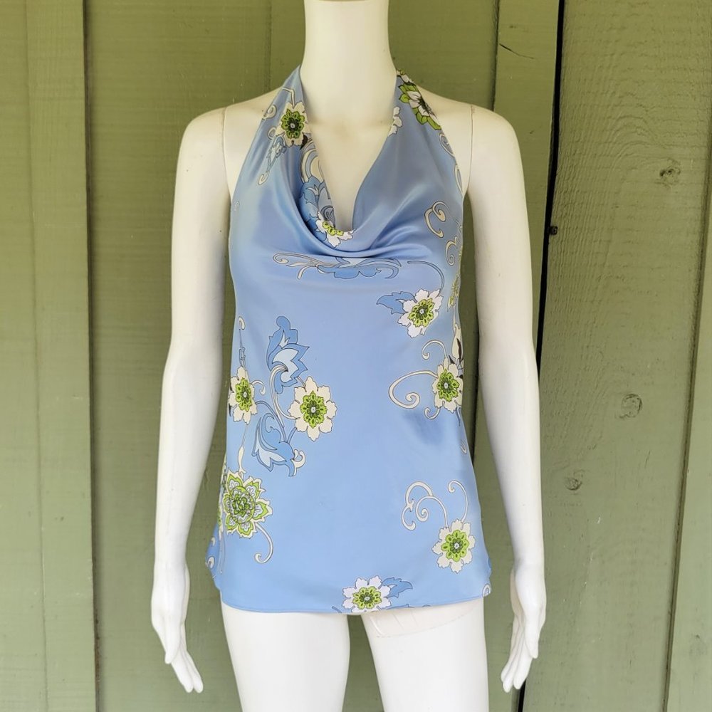 New ANN TAYLOR Pale Blue Floral Silky Draped Neck Halter Top 10